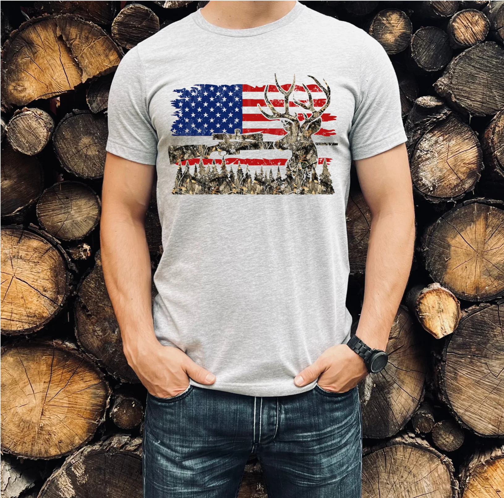 Camo Deer and Flag T-Shirt